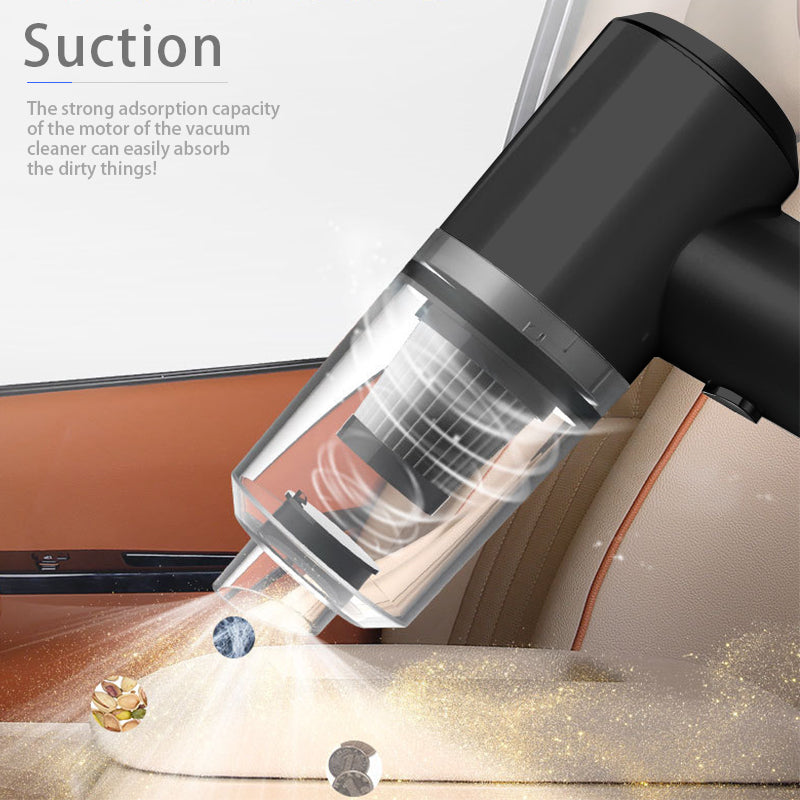 Black cordless car vacuum suctioning dirt from a car seat