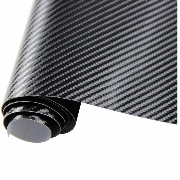 Close-up of glossy black 5D carbon fiber vinyl wrap roll