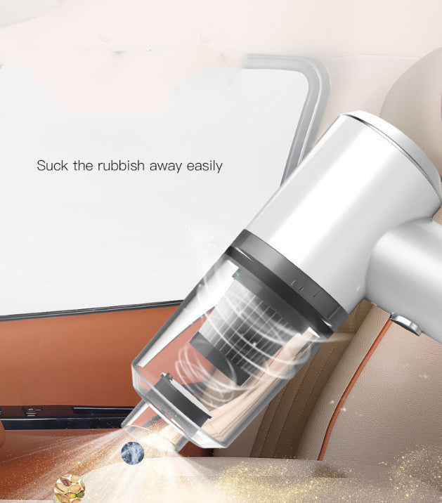White cordless car vacuum with nozzle and brush attachments
