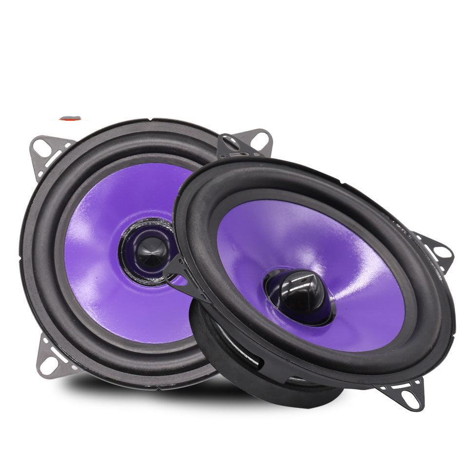Two 4 inch purple-cone car speakers, angled view