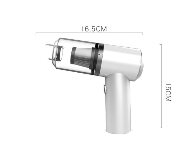 Dimensions of the white handheld car vacuum: about 16.5 cm by 15 cm