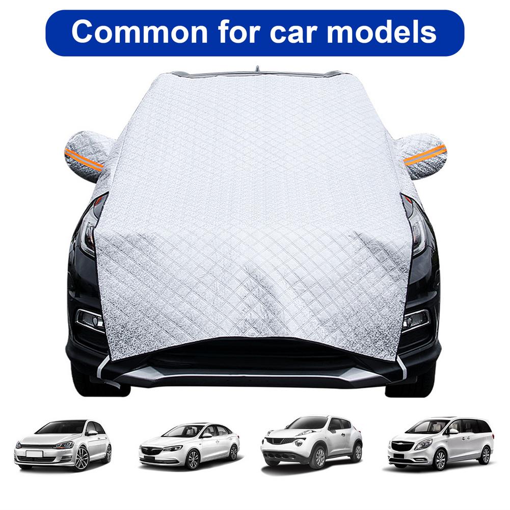 Universal fit silver windshield snow cover on SUV with mirror sleeves