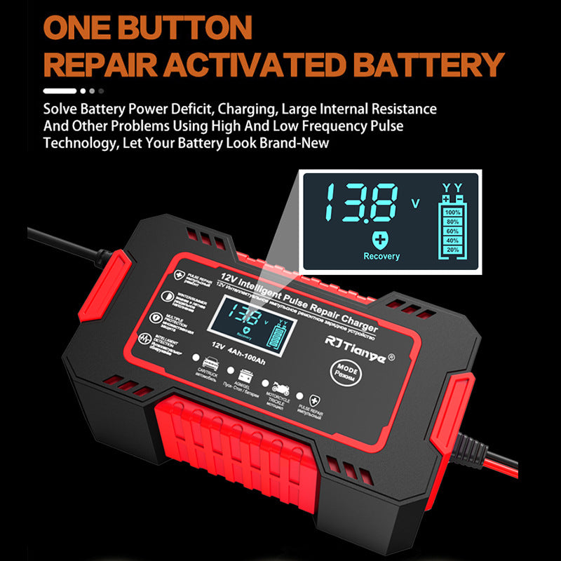 12V battery charger LCD showing 13.8V