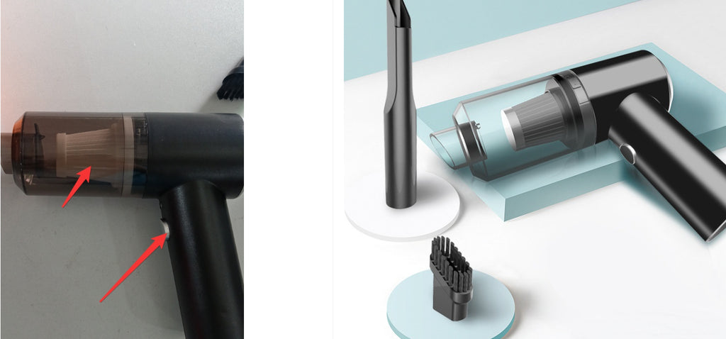 Close-up of the car vacuum's filter cup and power button