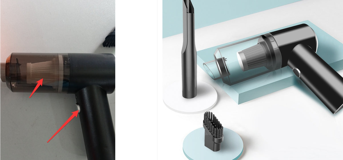 Close-up of the car vacuum's filter cup and power button