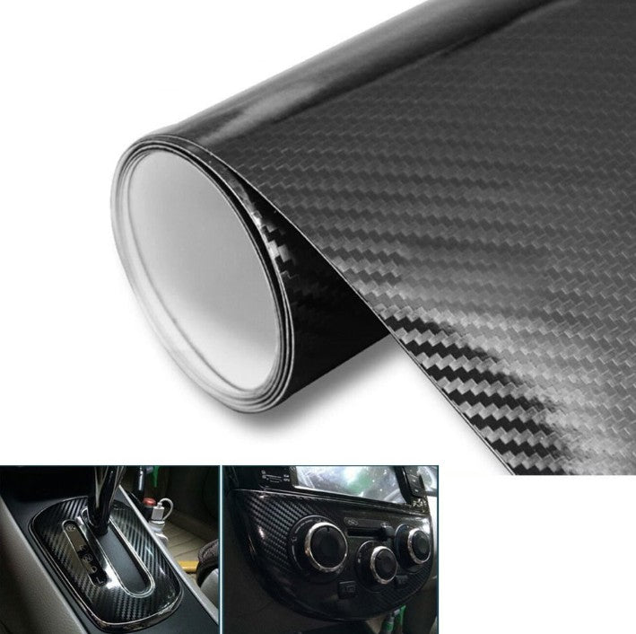 5D carbon fiber vinyl wrap roll, glossy black, with interior trim examples