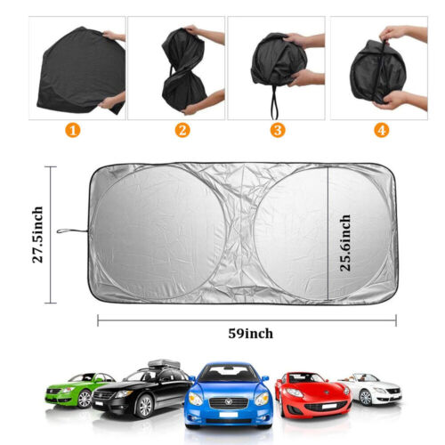 How to fold the windshield sunshade in four steps, with 59 x 27.5 inch dimensions
