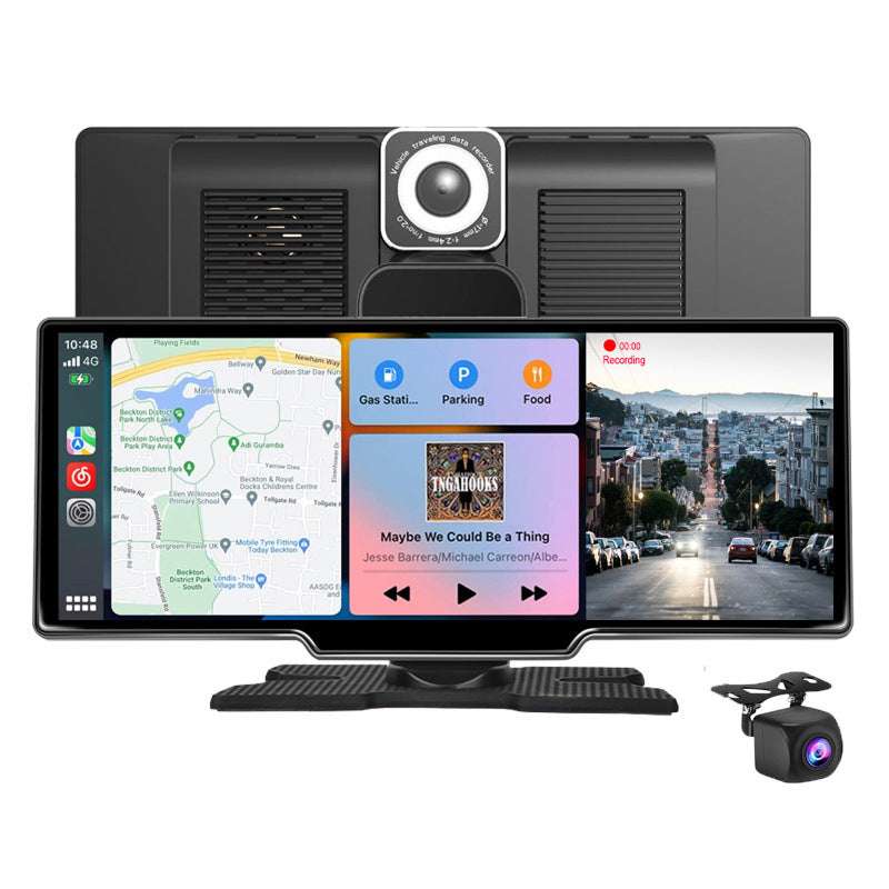 10-inch CarPlay screen split view with maps, music and front 2K dash cam