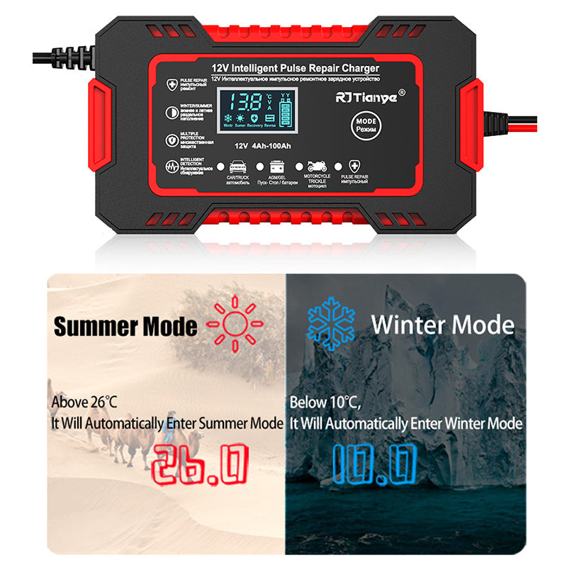Red 12V battery charger with LCD and summer/winter mode display