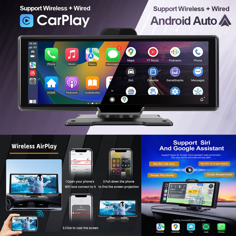 Wireless and wired CarPlay, Android Auto and AirPlay features on 10-inch car screen