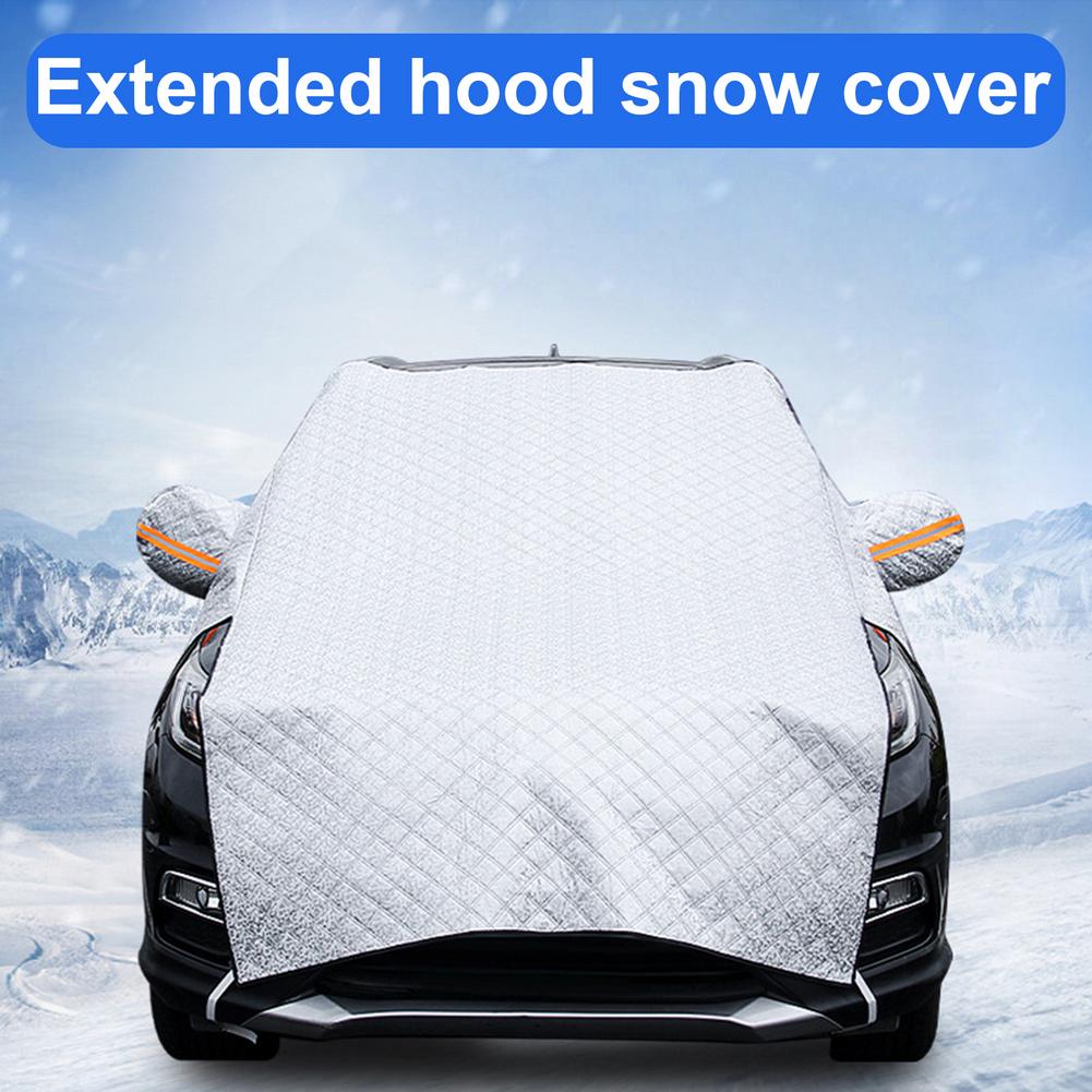 Silver windshield snow and frost cover with extended hood on SUV