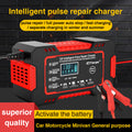 Red 12V smart pulse repair car battery charger with clamps