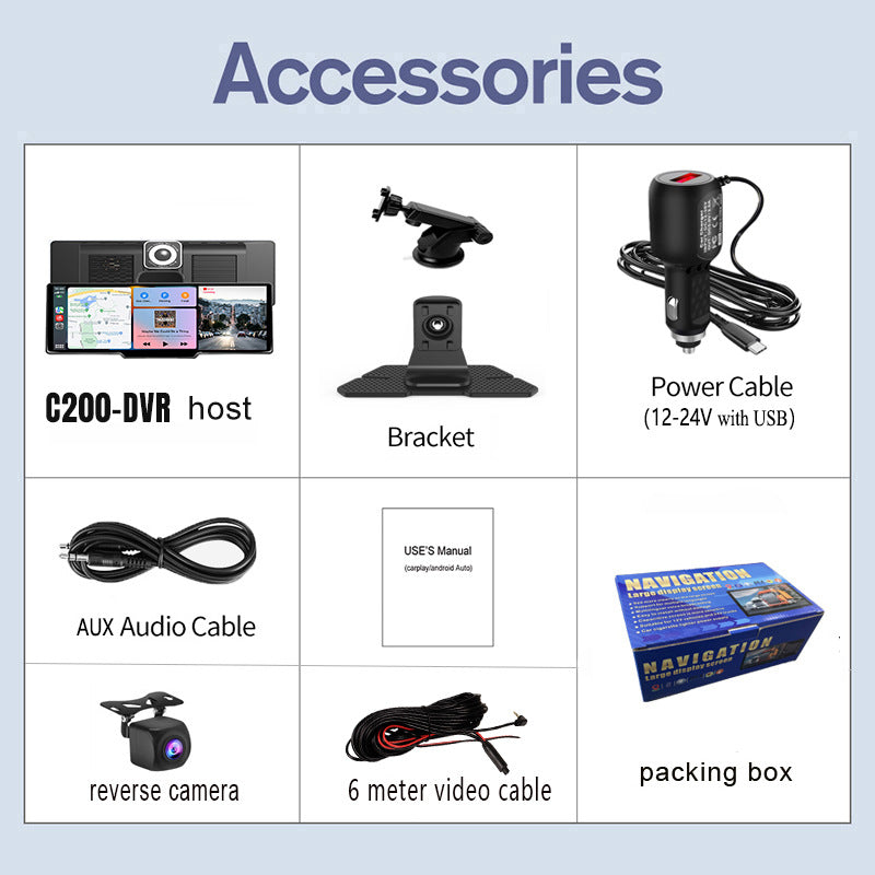 Accessories included with 10-inch CarPlay screen: bracket, power cable, AUX cable, rear camera