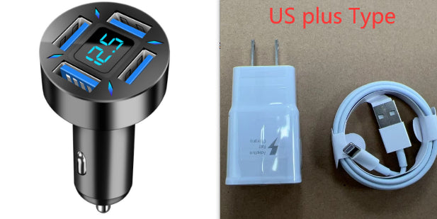 4-port car charger with US plug and USB-C cable
