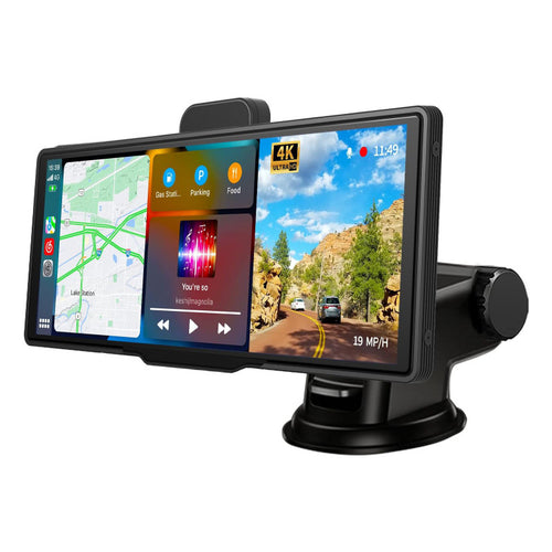10-inch wireless CarPlay & Android Auto dash screen with mount showing navigation and music