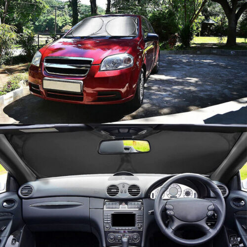 Sunshade covering a windshield, shown from outside and inside the car