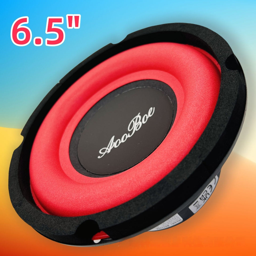 6.5 inch car speaker with red cone, labeled 6.5"